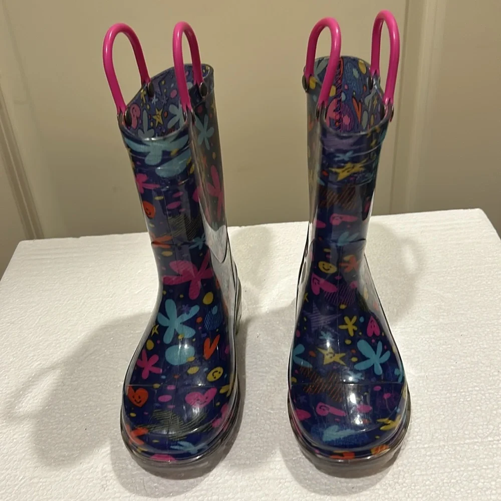Western Chief Floral hearts stars smiley face Rain Boots light up heels size 10